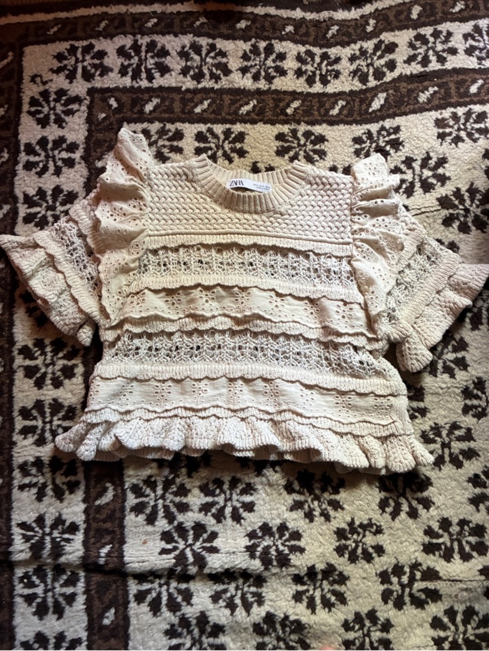 Zara Cream Layered Crochet Ruffle Cropped Top